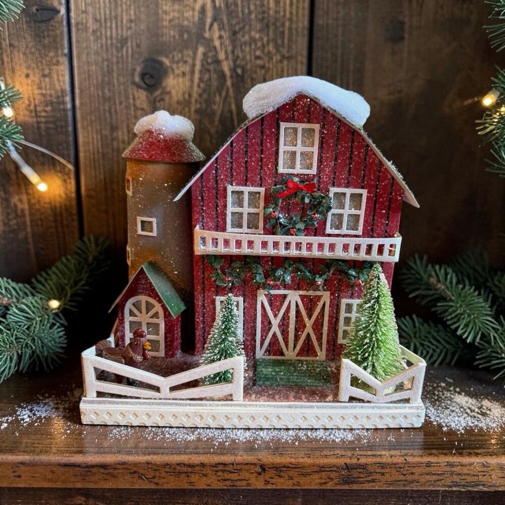 9" Led Cardboard Red Barn w/Silo & Snowy Acents Illuminated Christmas Decoration